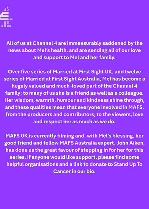 MAFS judge Mel Schilling reveals doctors can do no more as cancer spreads 4 Channel 4's response to Mel Schilling reveals health diagnosis