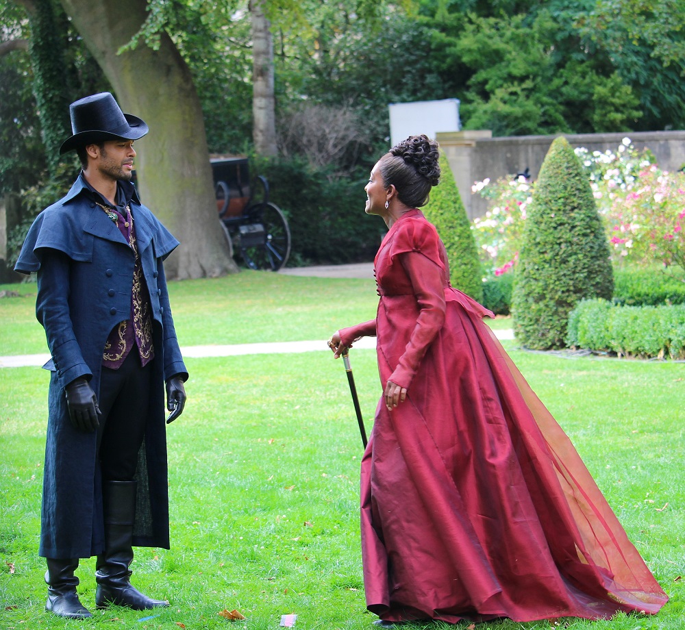 Regé-Jean Page and Adjoa Andoh, Filming Netflix Bridgerton, United Kingdom, 2019