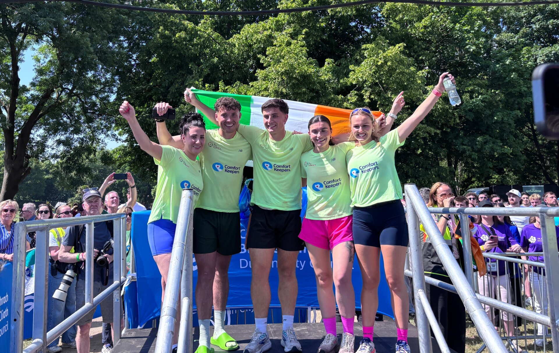 FTD Brothers' Family. Their sister Kennedy, FTD Brother Jordan, FTD Brother Cian, Cian's Partner Helen and Jordan's wife Agnes. The FTD Brothers celebrate completing their 33 marathons through Ireland challenge in Merrion Square, Dublin.
