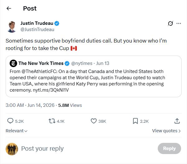 'Boyfriend Duty Calls' - Justin Trudeau Misses Canada World Cup Match For Katy Perry 3 Boyfriend Duty Calls Justin Trudeau Misses Canada World Cup Match For Katy Perry 1