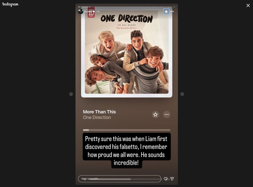 One Direction Bandmate Honours Liam Payne On Band's Birthday: 'I Miss You Everyday Brother' 5 Louis Tomlinsons Instagram story. Credit Instagram louist91
