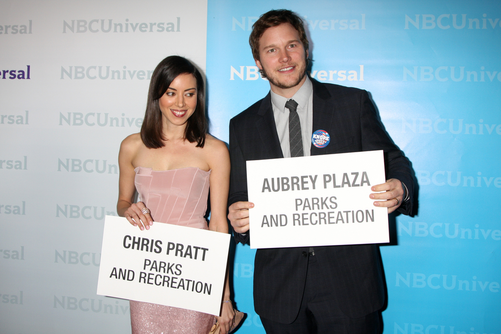 Aubrey Plaza and Parks And Recreation co star Chris Pratt. Photo credit Kathy Hutchins Shutterstock