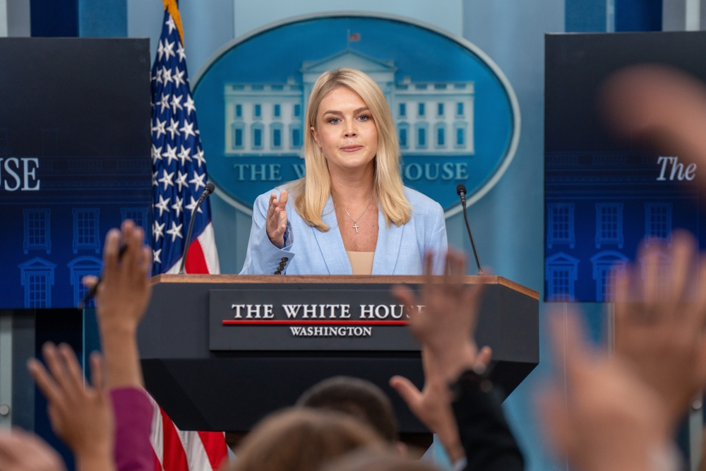 Press Secretary Karoline Leavitt at a White House Press Briefing. Photo credit, Joey Sussman, Shutterstock