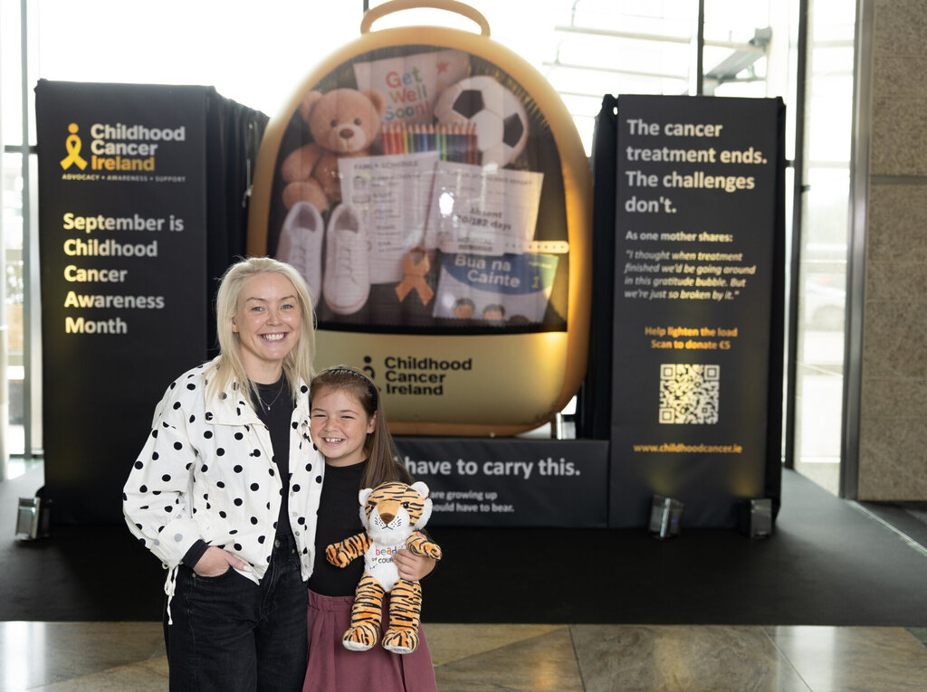 Childhood Cancer Ireland – Things We Still Carry – Ruby Shannon & her mum Yvonne Shannon, and mascot Misneach!