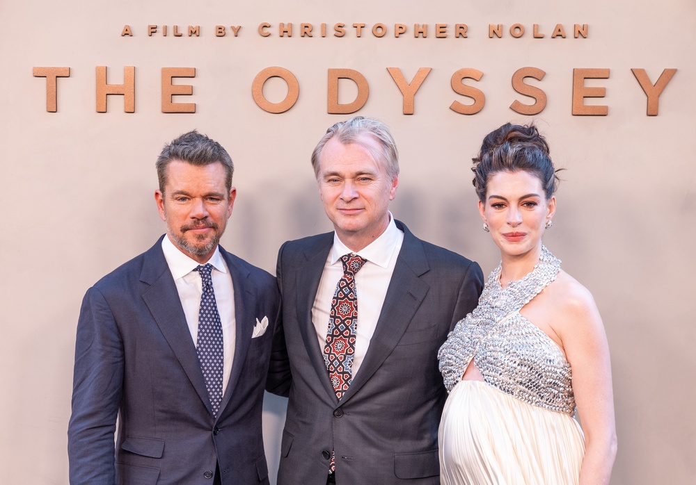 Matt Damon, Christopher Nolan and Anne Hathaway attend premiere of 'The Odyssey' 2026. Photo credit: Lev Radin, Shutterstock